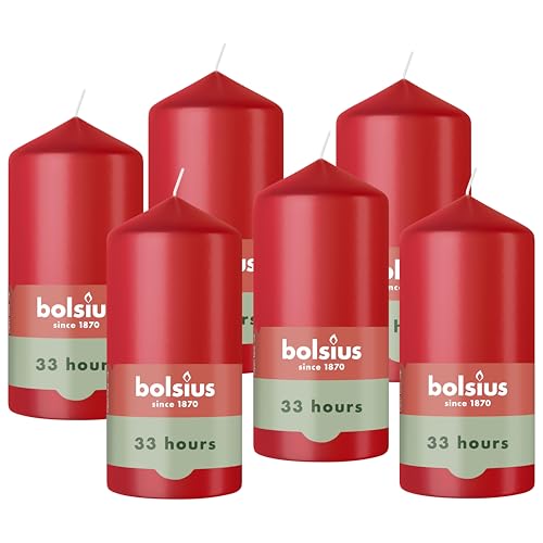 Bolsius - Smooth Pillar Candle - Red - 12 cm - 6 Pieces - Decorative Candles – Contains Natural Plant-Based Wax – Without Palm Oil