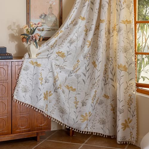 ENJOYBRIDAL Yellow Floral Curtains 63 Inch Length Bedroom Living Room Drapes Short Boho Farmhouse Semi Sheer Window Curtain Panels 2 Panels Rod Pocket Cute Tassel Dining Room Window Treatments
