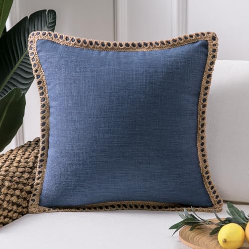 Phantoscope Decorative Linen Texture Trimmed Throw Pillow Cushion Cover (Blue)