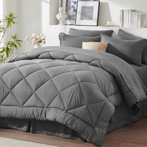 Newspin Queen Comforter Set Grey - Bed in a Bag Queen Size 8 Pieces, All Season Bed Set, Fluffy Comforter Set with Sheets, Sheet Set Quilt Blanket, Pillowcases & Shams & Bed Skirt
