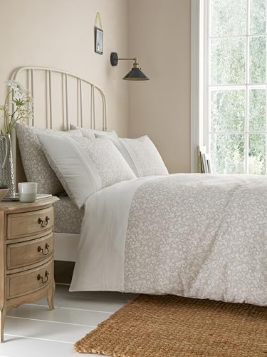 Dreams & Drapes - Pintuck Leaf Duvet Cover - Double Bedding Size (200 x 200cm) - 2 Pillowcases - Premium PolyCotton - Floral Duvet Cover in Natural - Cream Natural/White Bedding