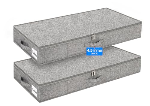 punemi Under Bed Storage Containers, 2 Pack 4.5 Inch Tall Low Profile Underbed Clothes Storage Organizer Bin with Sturdy Side & Bottom Support, Use as Clothes Organizer, Pillow and Blanket Organizer