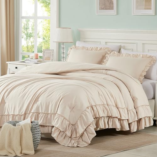 Cupocupa Beige Comforter Set ??? Twin XL Ruffle Farmhouse Bedding Set ??? Shabby Chic Fluffy Comforter for All Seasons ??? Includes Comforter & 1 Pillow Sham (Beige, Twin XL/Twin)