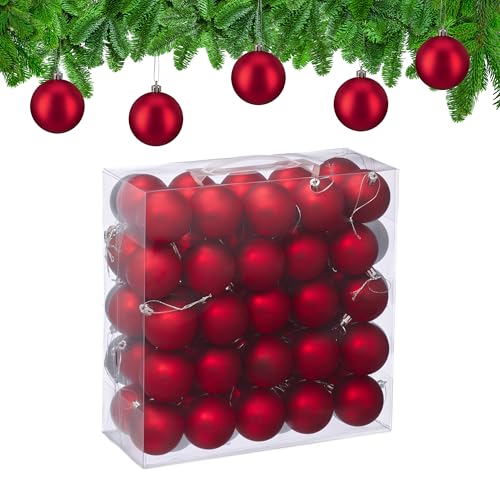 Relaxdays Christmas Baubles, Set of 50, Tree Ornaments, Holiday Decorations, Plastic, Shatterproof, 6 cm, Matte, Red