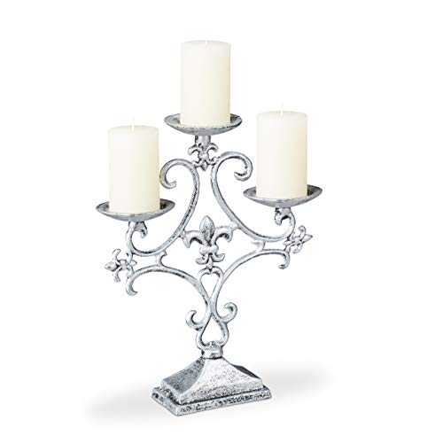 Relaxdays Candle Holder, 3-Armed, for Tealight and Pillar Candles, Vintage, Cast Iron, HxWxD: 28.5 x 23 x 7.5 cm, Silver