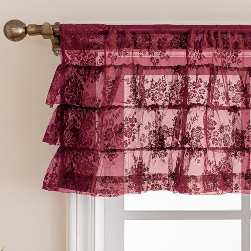 Burgundy Lace Ruffle Valance for Window 1 Panel, W52xL18 Inch Country Rusitc Floral Christmas Sheer Valance Curtain for Kitchen Window Over Sink Rod Pocket Privacy Short Ruffled Curtain 18 Inch Length