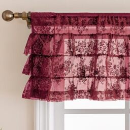 Burgundy Lace Ruffle Valance for Window 1 Panel, W52xL18 Inch Country Rusitc Floral Christmas Sheer Valance Curtain for Kitchen Window Over Sink Rod Pocket Privacy Short Ruffled Curtain 18 Inch Length