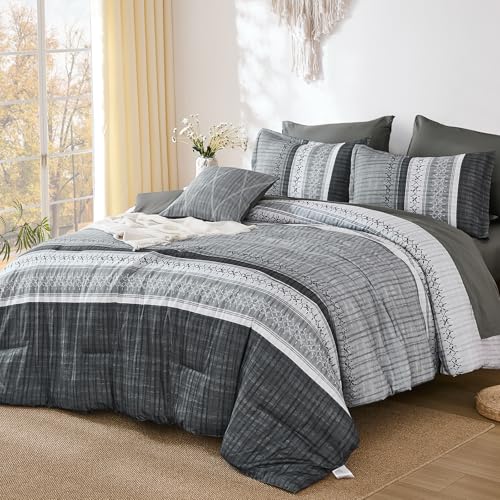 Dintszyayue Grey Queen Comforter Size Set, 7 Pieces Striped Texture Bed in a Bag Bedding Sets, Lightweight Soft Comforter and Sheet Set, All Season Microfiber Teen Boys Bedding Sets for Men Women