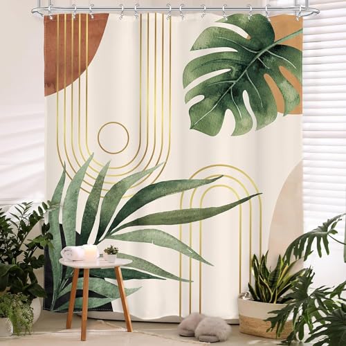 Glawry Mid Century Plant Shower Curtain Boho Botanical Bathroom Curtain Set - Tropical Abstract Minimalist Bohemian Leaves Curtains Palm 72Wx78L Bathroom Decor Waterproof Fabric with Free Hooks