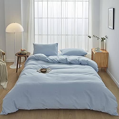 FACE TWO FACE Bedding Duvet Cover Set Quilt Cover 100% Washed Cotton Linen Like Textured Breathable Durable Soft Comfy (California King, Light Cyan)