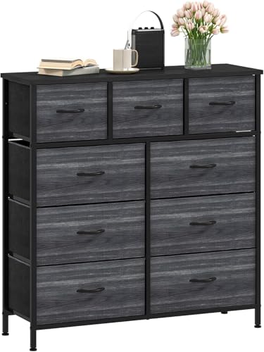 DWVO Chest of Drawers,Fabric Chest of Drawers Bedroom Cabinet with 9 Drawers,Dresser for Bedroom,Living Room With Handles,Wood Top and Sturdy Steel Frame, Black Grey