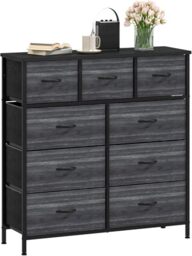 DWVO Chest of Drawers,Fabric Chest of Drawers Bedroom Cabinet with 9 Drawers,Dresser for Bedroom,Living Room With Handles,Wood Top and Sturdy Steel Frame, Black Grey