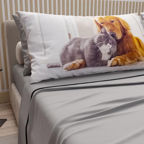 PETTI Artigiani Italiani - Bed Linen Animals with Cats and Dogs in Cotton with Pillowcases in Digital Print, Double Bedsheets, Light Grey Double Bed Set, 100% Made in Italy