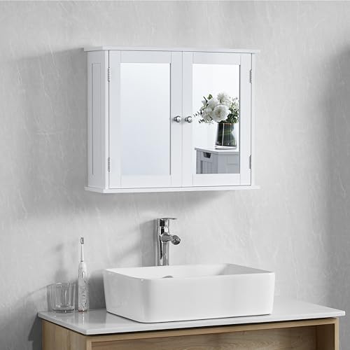 Bath Vida Priano 2 Door Mirrored Bathroom Wall Cabinet, White - Smart Wall Storage Cupboard, Space-Saving, Wall Mount, Adjustable Shelves, Easy Assembly, Modern Style, H47 x W57 x D18 cm