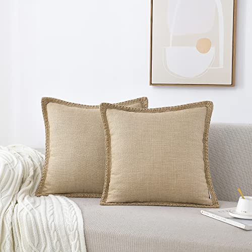 "Set of 2 Farmhouse Throw Pillow Covers - Burlap Linen Trimmed Tailored Edges Decorative Cushion Covers for Bed Home Outdoor Decoration (2 Pieces, 24"" x24"", Beige Brown/Linen Band)"