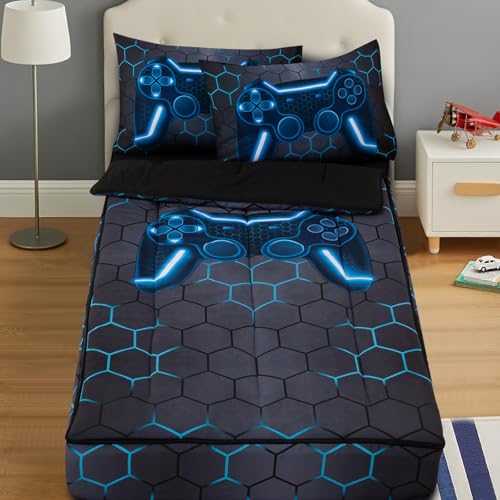 A Nice Night Zipper Bedding Game Console with 3D Geometric Gamepad Gaming Printed Zippered Kids Comforter Set,Twin,Blue