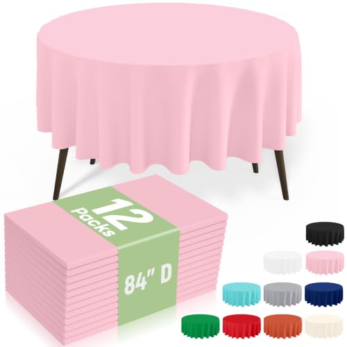 "misaya 12 Packs Disposable Plastic Table Cloth, 84"" Round Waterproof Tablecloth, Leakproof & Sturdy Decorative Table Covers for Picnic, Party and Outdoor, Pink"