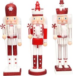 SHATCHI 38cm Red/White Candy Cane Wooden Christmas Nutcrackers - 3pcs Set - Soldiers King Puppet Figurines Home Decoration Ornament