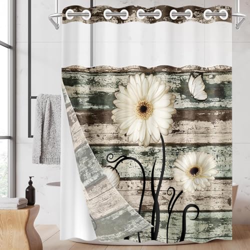Nesphy No Hook Vintage Flower Shower Curtain with Snap in Fabric Liner Set, Daisy Wooden Boards Double Layers Waterproof Fabric with See Through Top Window Open Grommet Bath Curtain 71x86 Inch