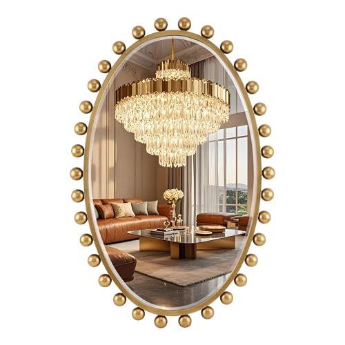 "CAVINHOME Oval Bathroom Mirror with Beveled Glass and Ball Frame 24"" x 36"" Large Decorative Mirrors with Antique Gold Beads for Bedroom Living Room Hallway"
