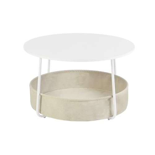 FurnitureR Telephone Stand Table with Storage,75cm Height Round Center Table for Living Room with Fabric Basket, Modern Style, Metal Frame, Matte White Frame,Camel Brown