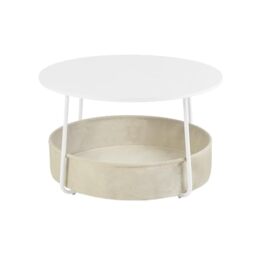 FurnitureR Telephone Stand Table with Storage,75cm Height Round Center Table for Living Room with Fabric Basket, Modern Style, Metal Frame, Matte White Frame,Camel Brown