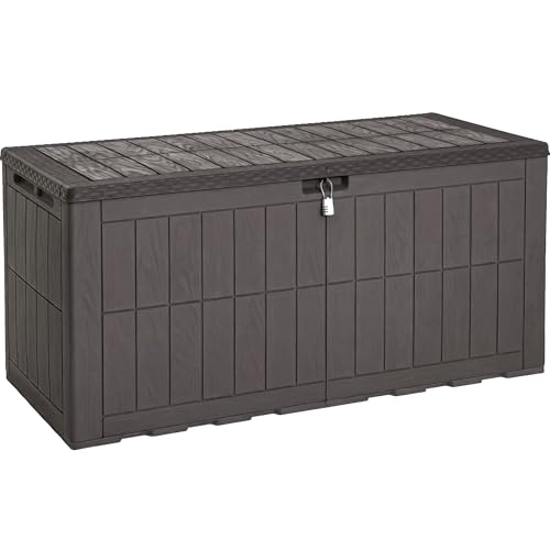YITAHOME Outdoor Storage Box, 120 Gallon Waterproof Deck Box for Garden Tools, Patio Cushions, and Pool Accessories, Lockable, Easy Assembly, Versatile Bench or Table (Dark Brown)