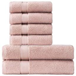 Komfortec Hand Towel and Bath Towel Set, 4 x Hand Towels and 2 x Bath Towels, 50 x 100 and 70 x 140 cm, 100% Soft Cotton Terry Towelling, Large and Small Shower Towel, Quick Drying, Flower Pink
