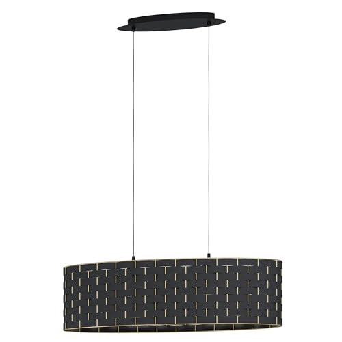 EGLO Pendant Lighting Masarales, 2 Lamp Ceiling Light Fixture for Dining and Living Rooms, Elegant Hanging Light Made of Black Fabric and Brass-Coloured Metal, E27 Socket, 78 cm