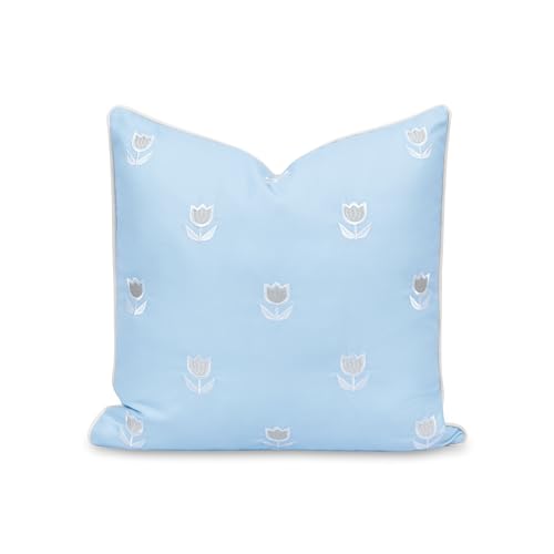 "Hofdeco Premium Coastal Patio Indoor Outdoor Throw Pillow Cover Only, 20""x20"" Water Repellent for Backyard, Couch, Baby Blue Tan Embroidered Tulips Floral with Piping"