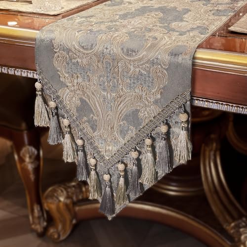 Loom and Mill Luxury Table Runner 60 Inches Long, Elegant Jacquard Dining Table Runners with Handmade Multi-Tassels for Dining Room Dresser Party Holiday Banquet Decoration(Gray, 13*60 inch)