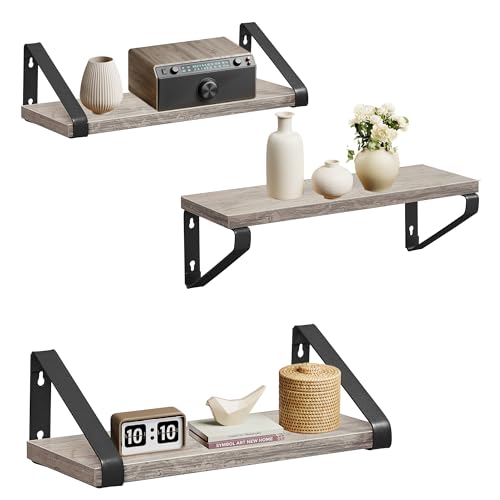 VASAGLE Wall Shelf,Set of 3, 2 Mounting Options, Display Shelf, for Living Room, Kitchen, Study, Bathroom, Greige-Black LWS033B02