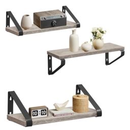 VASAGLE Wall Shelf,Set of 3, 2 Mounting Options, Display Shelf, for Living Room, Kitchen, Study, Bathroom, Greige-Black LWS033B02