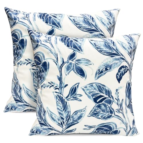 RYSMIYOU Decorative Throw Pillow Covers Set of 2 Blue Leaves Pillow Covers 16x16 inch Super Soft Short Plush Square Floral Throw Pillows,Farmhouse Outdoor Pillow Covers for Couch Bed Living Room