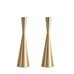 "Pack 2 Brass Gold 9"" Metal Taper Candlesticks Candleholder Vintage Mid-Century Modern Candlestick Home Cabin Lodge Table Mantel Wedding Centerpiece Candle Holders (Brass Golden, Pack of 2 Medium 9"")"
