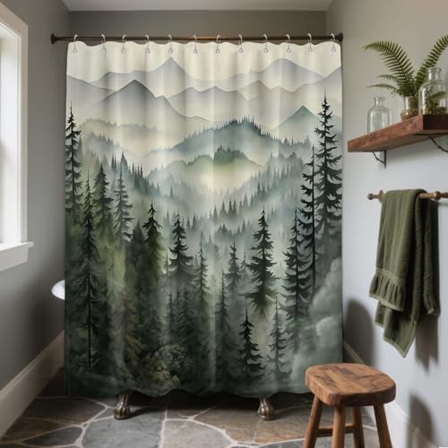 QGHOT Sage Green Forest Shower Curtain, 72x72 in, Mountain Rustic Pine Tree - Nature Cabin Theme, Woodland Pattern Design, Outdoor Woodsy Lodge Bathroom Decor, Waterproof Polyester Fabric, with Hooks