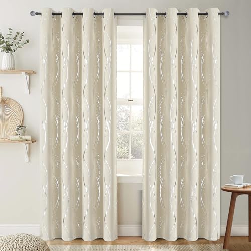 BUHUA Blackout Curtains 63 inch Length 2 Panels Set - Energy Efficient and Noise Reducing Curtains for Bedroom with Wave Striped Foil Print (52 x 63, Beige)