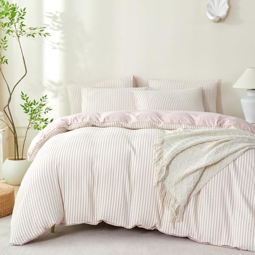 Striped Duvet Cover King Dusty Pink Washed Microfiber Jacquard 3 Pieces Bedding Set, White Pink Vertical Ticking Stripes Pattern Comforter Cover with Zipper Closure Breathable Durable Soft Comfy