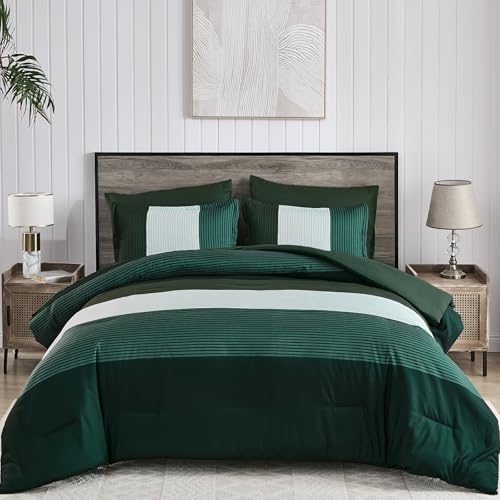 Anibedding Dark Green King Size Comforter Set, 7 Piece Green Striped Bed in a Bag, Soft Microfiber All Season Bedding Set with Comforter, Sheets, Pillowcases & Shams