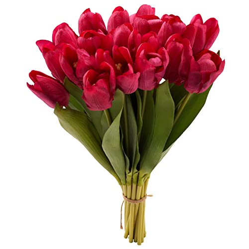 GoeJardin 20PCS Artificial Tulips Real Touch Faux Flower Moisturizing Tulips for Photography Ornaments Home Garden Wedding Party Decor Fake Flowers (Fushcia)
