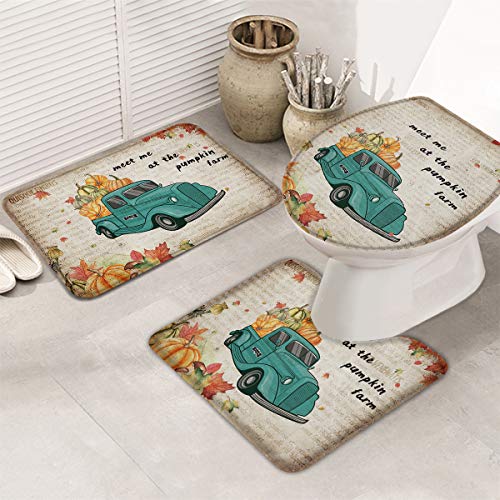InvisibleWings 3 Pcs Bath Mats Non-Slip Bath Mats for Bathtub, Shower, Bath Collection Autumn with Pumpkin Trucks