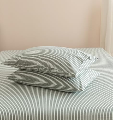 JIYUAN 100% Washed Cotton Striped Pillowcases Set Envelope Closure Pack of 2, Linen Like Comfy and Breathable Textured Durable Bedding for All Seasons, Standsize Size,Pinstripes-Green White