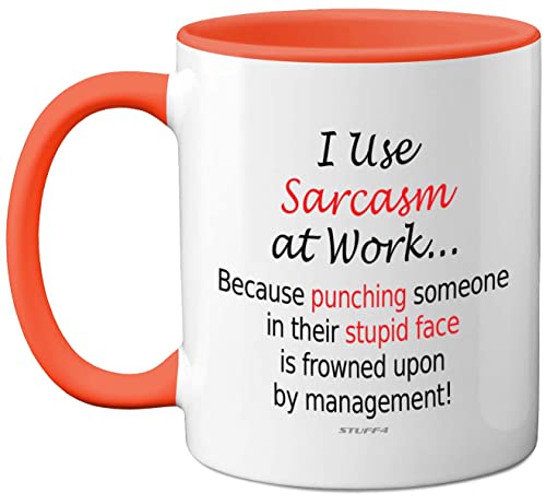 Funny Mugs for Men & Women, Christmas Birthday Gifts - I Use Sarcasm at Work Novelty Mugs for Colleagues, Secret Santa, 11oz Dishwasher Safe Orange Handle Mug