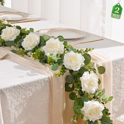 Livole 2Pcs 6.5FT Artificial Eucalyptus Flower Garlands Fake Silk Rose Hanging Vine for Wedding Table Centerpieces Party Arch Ceremony Garlands Backdrop Decor (White)