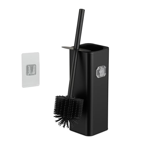 Relaxdays toilet brush, wall-mounted, adhesive, HxWxD: 36.5 x 9.5 x 10.5 cm, hygienic toilet brush with holder, black