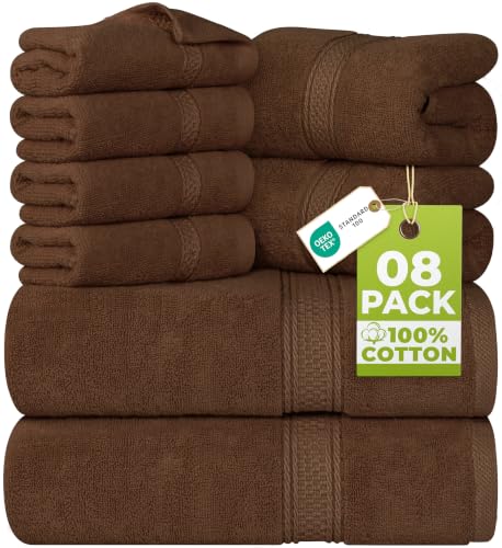 Utopia Towels 8 Piece Towel Set - 2 Bath Towels, 2 Hand Towels and 4 Washcloths Cotton Hotel Quality Super Soft and Highly Absorbent (Brown)