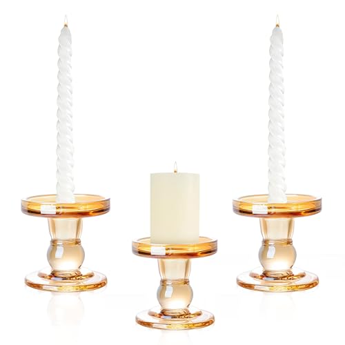 3pcs Glass Candle Holders for Pillar and Taper Candles, Clear Decorative Glass Candlestick Holder set for Wedding, Table Centrepieces, Home Decor (Gold)
