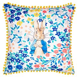 Peter Rabbit™ Florelli Cushion Cover – Reversible 100% Slub Cotton Floral Motif Pom Pom Trim Case (Multicolour – 45x45cm)