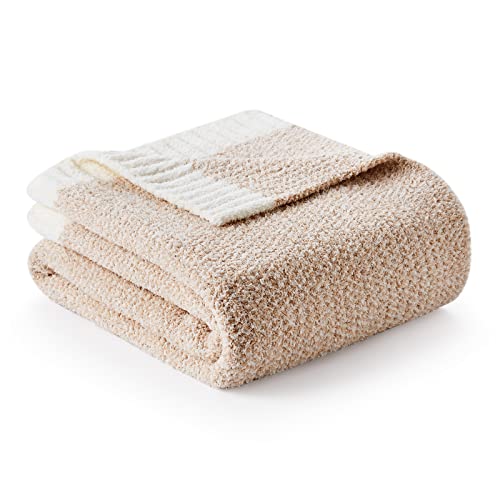 Snuggle Sac Heather Tan Throw Blanket for Couch, Reversible Throw Blanket Warm Cozy Knit Fuzzy Plush Lightweight for Sofa, Bed, Camping, Picnic, 50 x 60 inch