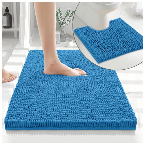 GC GAVENO CAVAILIA Soft Bath Mat Sets For Bathroom - 2 Piece Bath Mat Non Slip Back - Highly Water Absorbent & Fast Drying 100% Microfiber Chenille Toilet Rug with Pedestal Mat - Turquoise